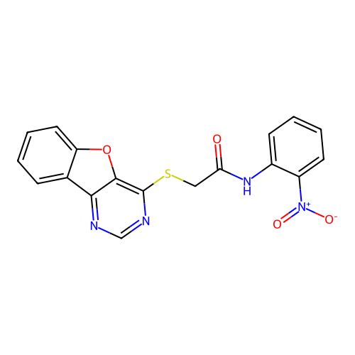 2-([1]benzofuro[3,2-d]pyrimidin-4-ylsulfanyl)-N-(2-nitrophenyl)acetamide structure