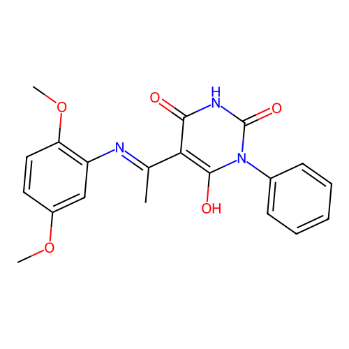 (Z)-5-(1-((2,5-dimethoxyphenyl)amino)ethylidene)-1-phenylpyrimidine-2,4,6(1H,3H,5H)-trione structure