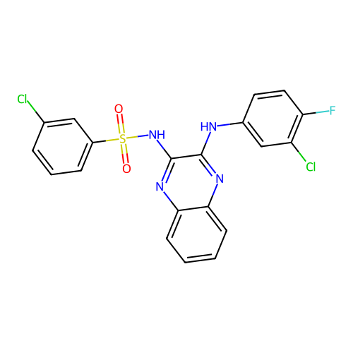 3-chloro-N-(3-((3-chloro-4-fluorophenyl)amino)quinoxalin-2-yl)benzenesulfonamide structure