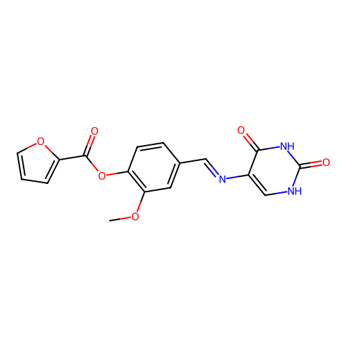 (E)-4-(((2,4-dioxo-1,2,3,4-tetrahydropyrimidin-5-yl)imino)methyl)-2-methoxyphenyl furan-2-carboxylate structure
