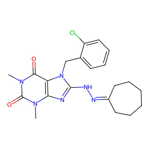 7-(2-chlorobenzyl)-8-(2-cycloheptylidenehydrazinyl)-1,3-dimethyl-1H-purine-2,6(3H,7H)-dione structure
