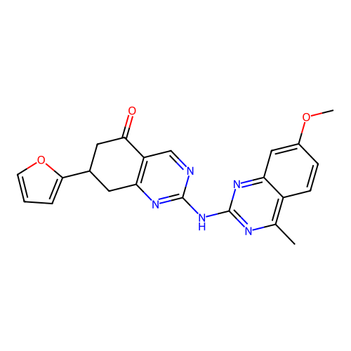 7-(furan-2-yl)-2-((7-methoxy-4-methylquinazolin-2-yl)amino)-7,8-dihydroquinazolin-5(6H)-one structure