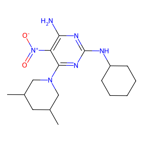 N~2~-cyclohexyl-6-(3,5-dimethylpiperidin-1-yl)-5-nitropyrimidine-2,4-diamine structure