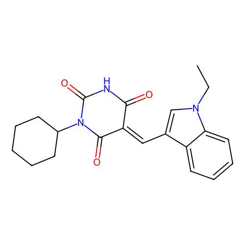(5E)-1-cyclohexyl-5-[(1-ethylindol-3-yl)methylidene]-1,3-diazinane-2,4,6-trione structure