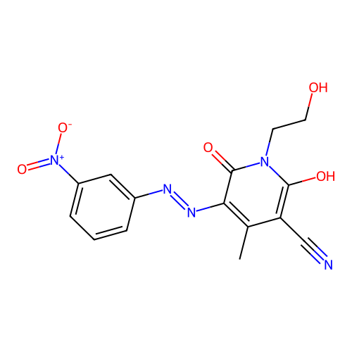 (5E)-1-(2-hydroxyethyl)-4-methyl-5-[(3-nitrophenyl)hydrazinylidene]-2,6-dioxopyridine-3-carbonitrile structure