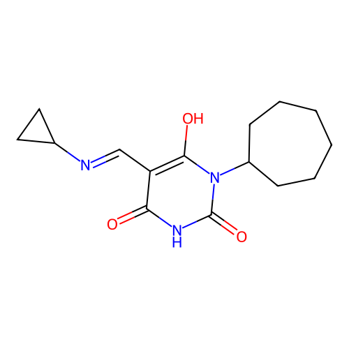 1-cycloheptyl-5-[(cyclopropylamino)methylidene]-1,3-diazinane-2,4,6-trione structure