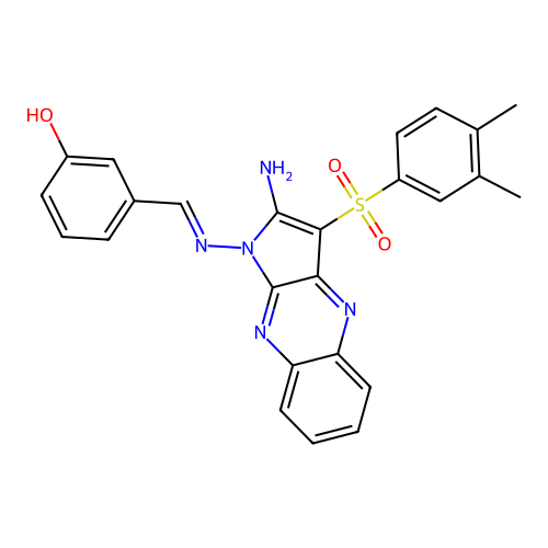 (E)-3-(((2-amino-3-((3,4-dimethylphenyl)sulfonyl)-1H-pyrrolo[2,3-b]quinoxalin-1-yl)imino)methyl)phenol structure