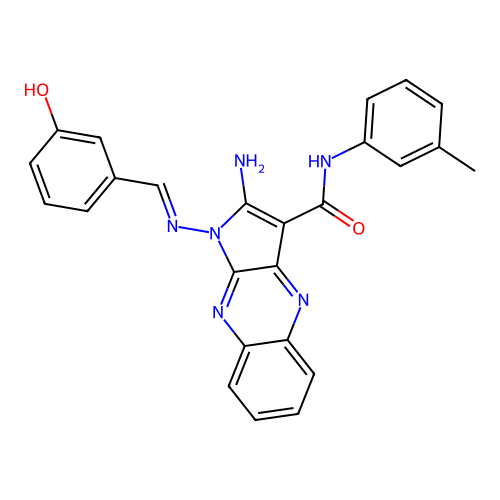 (E)-2-amino-1-((3-hydroxybenzylidene)amino)-N-(m-tolyl)-1H-pyrrolo[2,3-b]quinoxaline-3-carboxamide structure