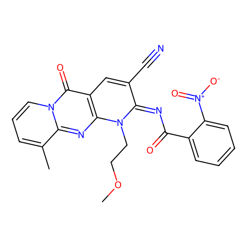 (E)-N-(3-cyano-1-(2-methoxyethyl)-10-methyl-5-oxo-1H-dipyrido[1,2-a:2',3'-d]pyrimidin-2(5H)-ylidene)-2-nitrobenzamide structure
