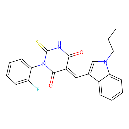 (5E)-1-(2-fluorophenyl)-5-[(1-propyl-1H-indol-3-yl)methylidene]-2-sulfanylpyrimidine-4,6(1H,5H)-dione structure