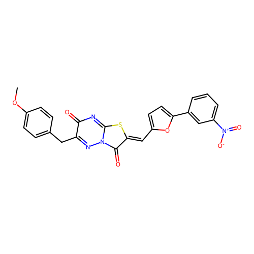 (2Z)-6-(4-methoxybenzyl)-2-{[5-(3-nitrophenyl)furan-2-yl]methylidene}-7H-[1,3]thiazolo[3,2-b][1,2,4]triazine-3,7(2H)-dione structure