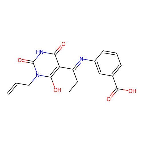 (E)-3-((1-(1-allyl-2,4,6-trioxotetrahydropyrimidin-5(2H)-ylidene)propyl)amino)benzoic acid structure