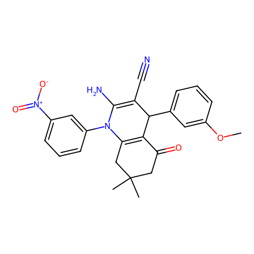 2-amino-4-(3-methoxyphenyl)-7,7-dimethyl-1-(3-nitrophenyl)-5-oxo-1,4,5,6,7,8-hexahydroquinoline-3-carbonitrile structure