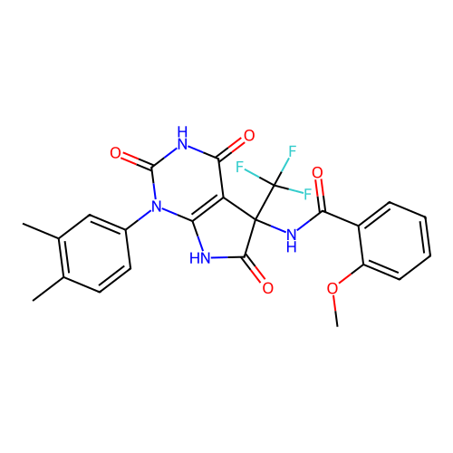 N-(1-(3,4-dimethylphenyl)-2,4,6-trioxo-5-(trifluoromethyl)-2,3,4,5,6,7-hexahydro-1H-pyrrolo[2,3-d]pyrimidin-5-yl)-2-methoxybenzamide structure