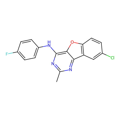 8-chloro-N-(4-fluorophenyl)-2-methyl-[1]benzofuro[3,2-d]pyrimidin-4-amine structure
