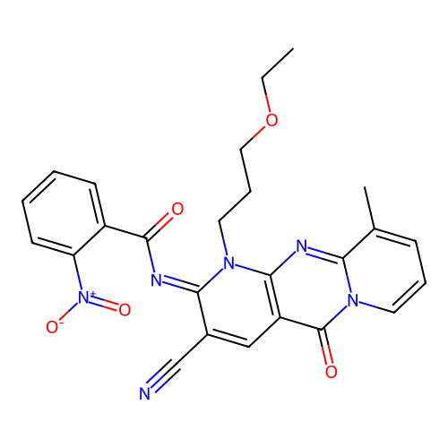 (E)-N-(3-cyano-1-(3-ethoxypropyl)-10-methyl-5-oxo-1H-dipyrido[1,2-a:2',3'-d]pyrimidin-2(5H)-ylidene)-2-nitrobenzamide structure