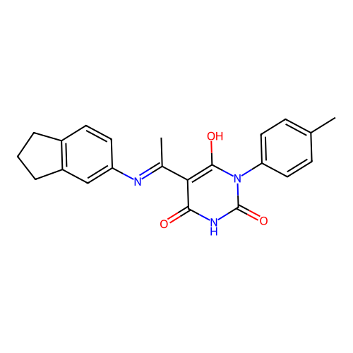 (5E)-5-[1-(2,3-dihydro-1H-inden-5-ylamino)ethylidene]-1-(4-methylphenyl)-1,3-diazinane-2,4,6-trione structure