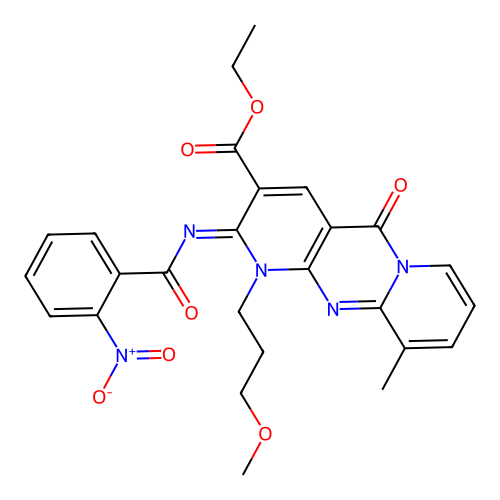 (Z)-ethyl 1-(3-methoxypropyl)-10-methyl-2-((2-nitrobenzoyl)imino)-5-oxo-2,5-dihydro-1H-dipyrido[1,2-a:2',3'-d]pyrimidine-3-carboxylate structure