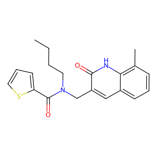 N-butyl-N-((2-hydroxy-8-methylquinolin-3-yl)methyl)thiophene-2-carboxamide structure