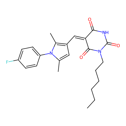 (5Z)-5-[[1-(4-fluorophenyl)-2,5-dimethylpyrrol-3-yl]methylidene]-1-hexyl-1,3-diazinane-2,4,6-trione structure