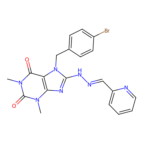 (E)-7-(4-bromobenzyl)-1,3-dimethyl-8-(2-(pyridin-2-ylmethylene)hydrazinyl)-1H-purine-2,6(3H,7H)-dione structure