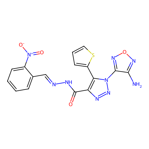 (E)-1-(4-amino-1,2,5-oxadiazol-3-yl)-N'-(2-nitrobenzylidene)-5-(thiophen-2-yl)-1H-1,2,3-triazole-4-carbohydrazide structure