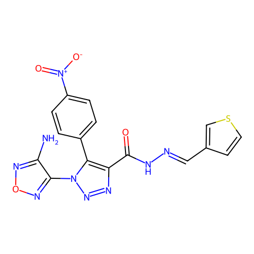 (E)-1-(4-amino-1,2,5-oxadiazol-3-yl)-5-(4-nitrophenyl)-N'-(thiophen-3-ylmethylene)-1H-1,2,3-triazole-4-carbohydrazide structure