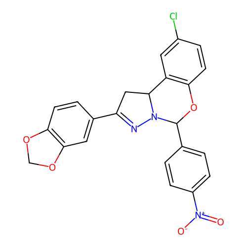 2-(1,3-benzodioxol-5-yl)-9-chloro-5-(4-nitrophenyl)-1,10b-dihydropyrazolo[1,5-c][1,3]benzoxazine structure