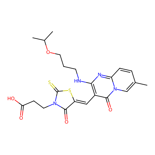 3-{(5Z)-5-[(7-methyl-4-oxo-2-{[3-(propan-2-yloxy)propyl]amino}-4H-pyrido[1,2-a]pyrimidin-3-yl)methylidene]-4-oxo-2-thioxo-1,3-thiazolidin-3-yl}propanoic acid structure