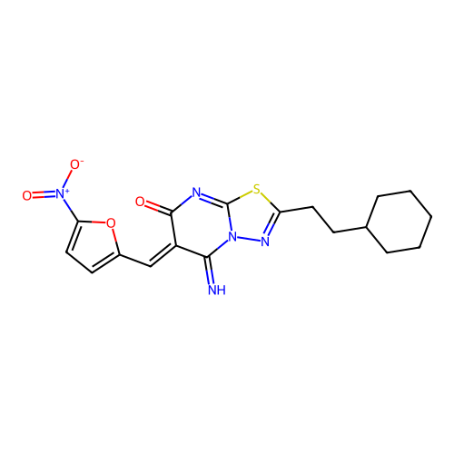 (Z)-2-(2-cyclohexylethyl)-5-imino-6-((5-nitrofuran-2-yl)methylene)-5H-[1,3,4]thiadiazolo[3,2-a]pyrimidin-7(6H)-one structure