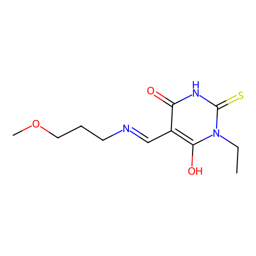 1-ethyl-5-[(3-methoxypropylamino)methylidene]-2-sulfanylidene-1,3-diazinane-4,6-dione structure