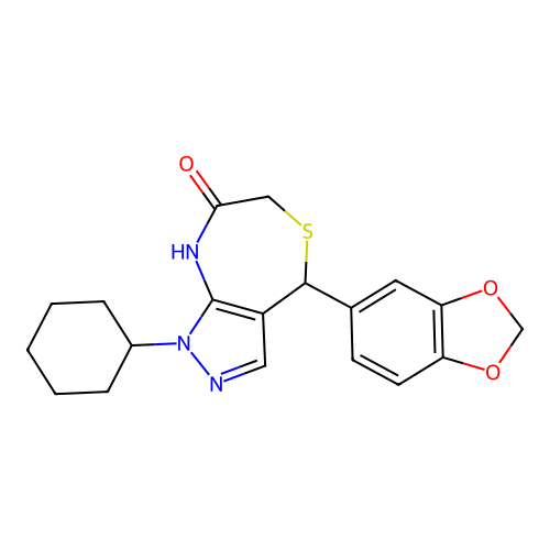 4-(1,3-benzodioxol-5-yl)-1-cyclohexyl-2,4-dihydropyrazolo[3,4-e][1,4]thiazepin-7-one structure