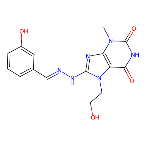 6-hydroxy-8-[(2E)-2-(3-hydroxybenzylidene)hydrazinyl]-7-(2-hydroxyethyl)-3-methyl-3,7-dihydro-2H-purin-2-one structure