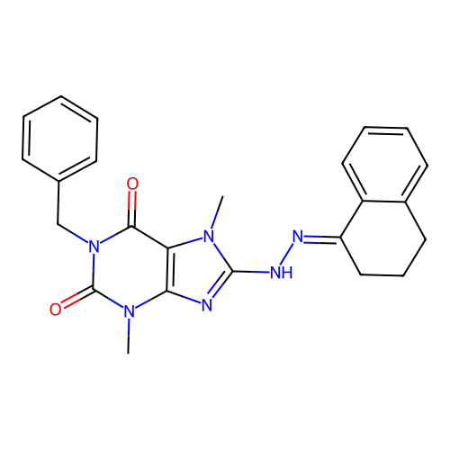 (E)-1-benzyl-8-(2-(3,4-dihydronaphthalen-1(2H)-ylidene)hydrazinyl)-3,7-dimethyl-1H-purine-2,6(3H,7H)-dione structure