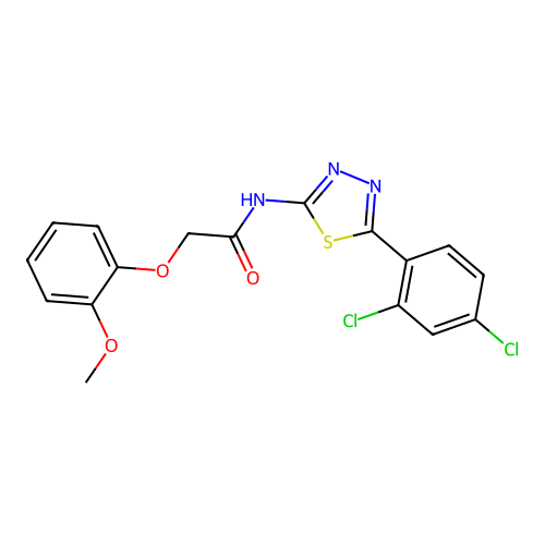 N-(5-(2,4-dichlorophenyl)-1,3,4-thiadiazol-2-yl)-2-(2-methoxyphenoxy)acetamide structure