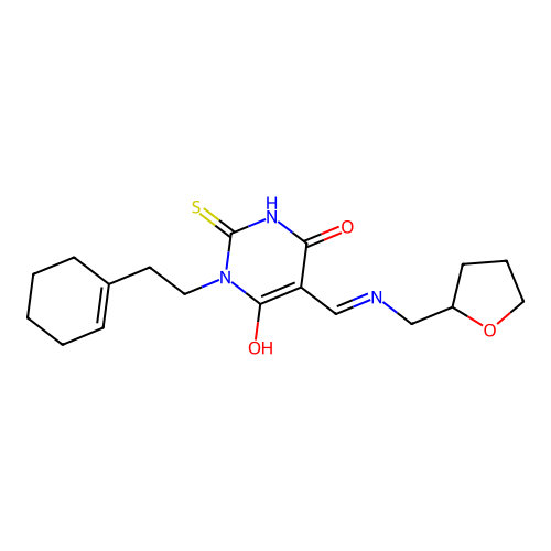 (5E)-1-[2-(cyclohex-1-en-1-yl)ethyl]-2-sulfanyl-5-{[(tetrahydrofuran-2-ylmethyl)amino]methylidene}pyrimidine-4,6(1H,5H)-dione structure