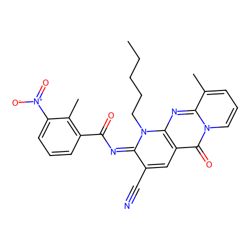(E)-N-(3-cyano-10-methyl-5-oxo-1-pentyl-1H-dipyrido[1,2-a:2',3'-d]pyrimidin-2(5H)-ylidene)-2-methyl-3-nitrobenzamide structure