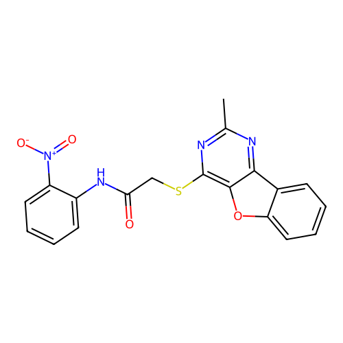 2-((2-methylbenzofuro[3,2-d]pyrimidin-4-yl)thio)-N-(2-nitrophenyl)acetamide structure