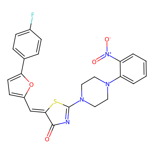 (5Z)-5-[[5-(4-fluorophenyl)furan-2-yl]methylidene]-2-[4-(2-nitrophenyl)piperazin-1-yl]-1,3-thiazol-4-one structure