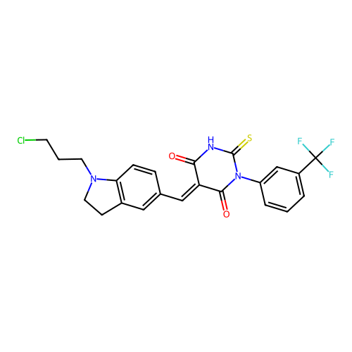 (5E)-5-[[1-(3-chloropropyl)-2,3-dihydroindol-5-yl]methylidene]-2-sulfanylidene-1-[3-(trifluoromethyl)phenyl]-1,3-diazinane-4,6-dione structure