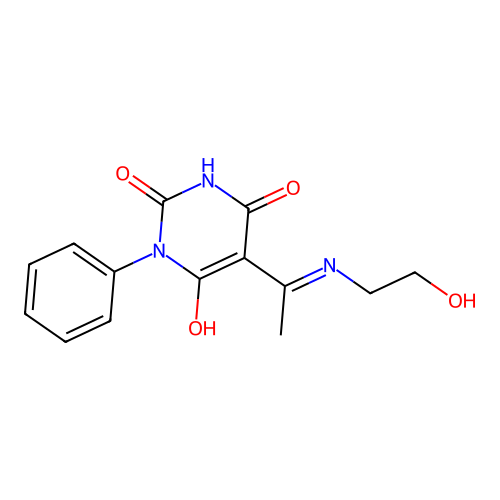 5-[1-(2-hydroxyethylamino)ethylidene]-1-phenyl-1,3-diazinane-2,4,6-trione structure