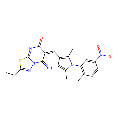 (E)-6-((2,5-dimethyl-1-(2-methyl-5-nitrophenyl)-1H-pyrrol-3-yl)methylene)-2-ethyl-5-imino-5H-[1,3,4]thiadiazolo[3,2-a]pyrimidin-7(6H)-one structure