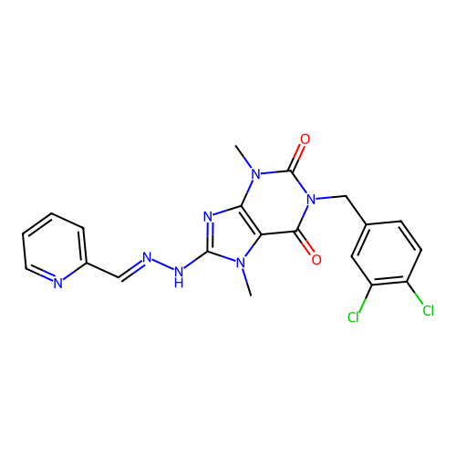 (E)-1-(3,4-dichlorobenzyl)-3,7-dimethyl-8-(2-(pyridin-2-ylmethylene)hydrazinyl)-1H-purine-2,6(3H,7H)-dione structure
