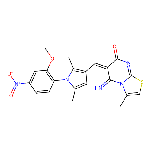 (6E)-5-imino-6-[[1-(2-methoxy-4-nitrophenyl)-2,5-dimethylpyrrol-3-yl]methylidene]-3-methyl-[1,3]thiazolo[3,2-a]pyrimidin-7-one structure