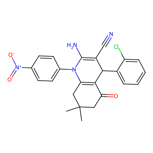 2-amino-4-(2-chlorophenyl)-7,7-dimethyl-1-(4-nitrophenyl)-5-oxo-1,4,5,6,7,8-hexahydroquinoline-3-carbonitrile structure