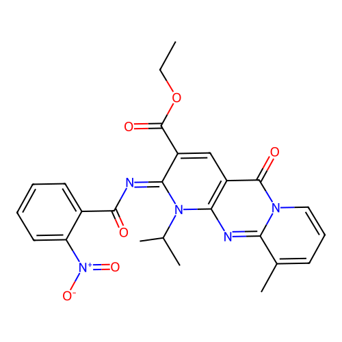(Z)-ethyl 1-isopropyl-10-methyl-2-((2-nitrobenzoyl)imino)-5-oxo-2,5-dihydro-1H-dipyrido[1,2-a:2',3'-d]pyrimidine-3-carboxylate structure