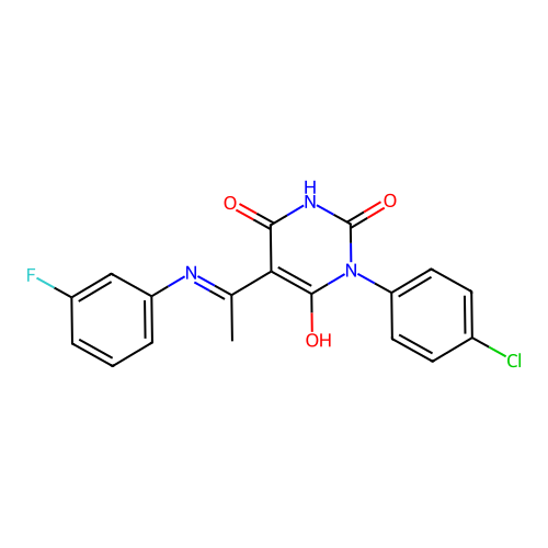 (E)-1-(4-chlorophenyl)-5-(1-((3-fluorophenyl)amino)ethylidene)pyrimidine-2,4,6(1H,3H,5H)-trione structure