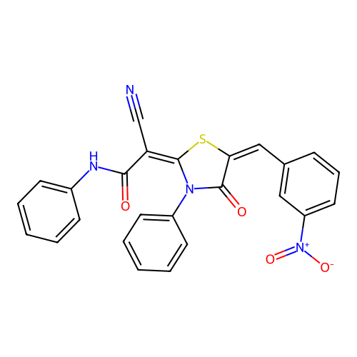 (E)-2-cyano-2-((E)-5-(3-nitrobenzylidene)-4-oxo-3-phenylthiazolidin-2-ylidene)-N-phenylacetamide structure