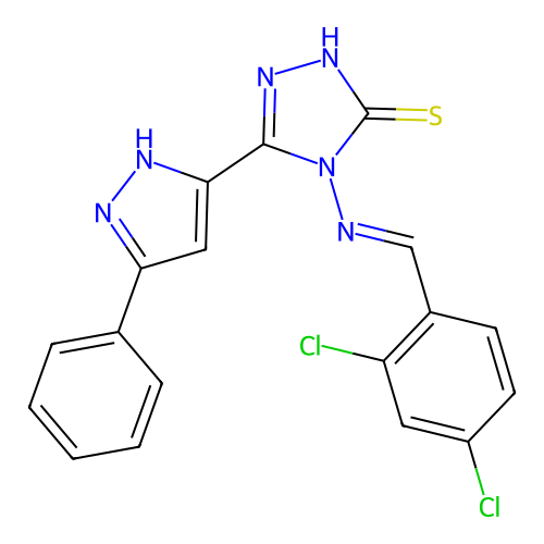 (E)-4-((2,4-dichlorobenzylidene)amino)-5-(3-phenyl-1H-pyrazol-5-yl)-4H-1,2,4-triazole-3-thiol structure