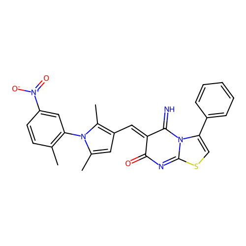 (6Z)-6-[[2,5-dimethyl-1-(2-methyl-5-nitrophenyl)pyrrol-3-yl]methylidene]-5-imino-3-phenyl-[1,3]thiazolo[3,2-a]pyrimidin-7-one structure